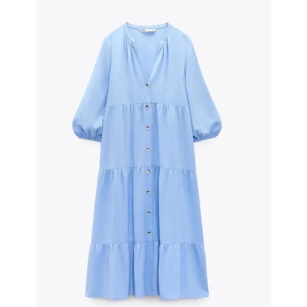 Zara Womens Tiered Midi Dress Large L Blue Button Front Puff Sleeve 2762/836 NWT